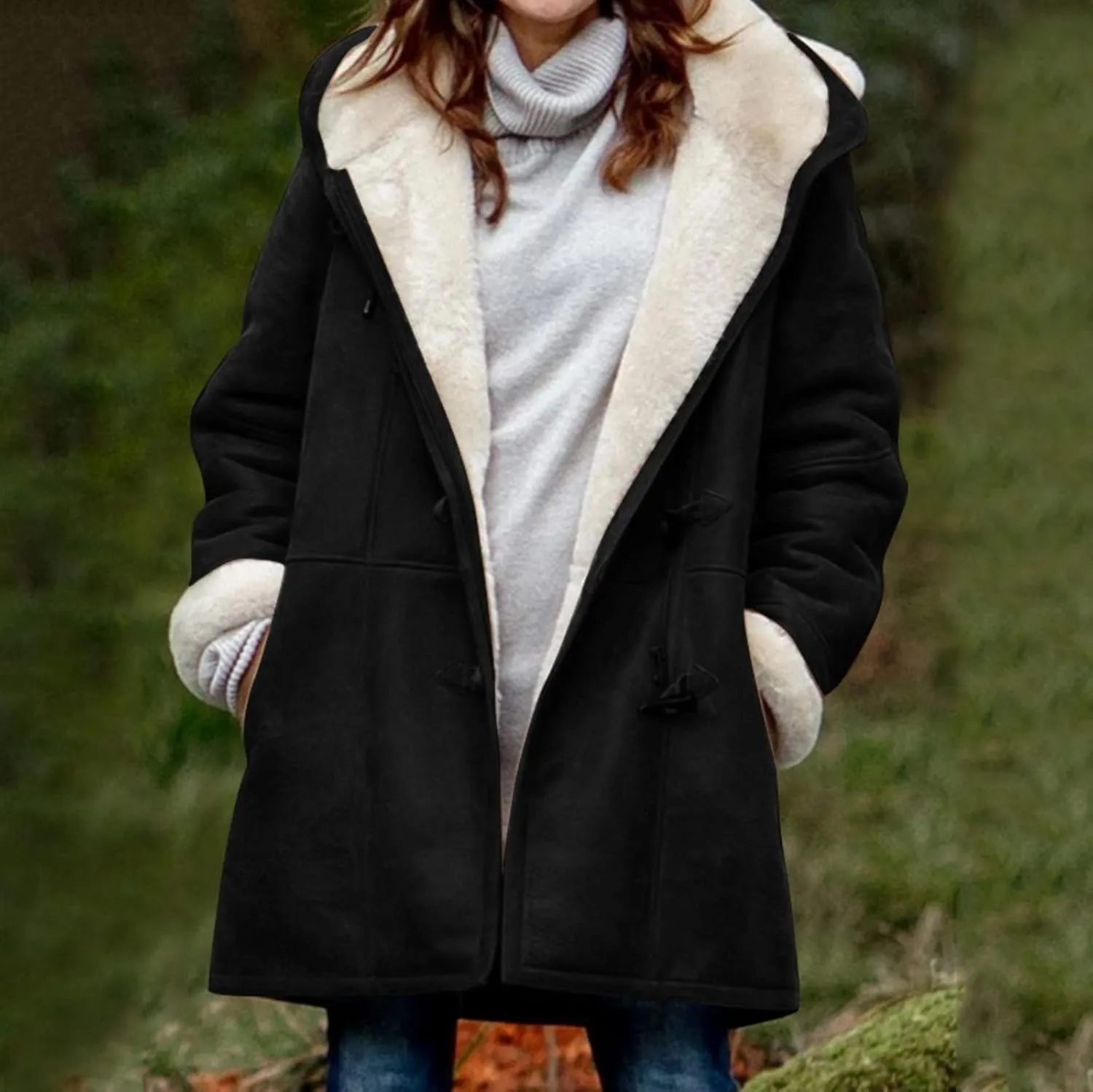 sdbrld Winter Coats for Women Plus Size Warm Fleece Lined Jackets Button Sherpa Fur Hooded Parka Peacoat Casual Outerwear