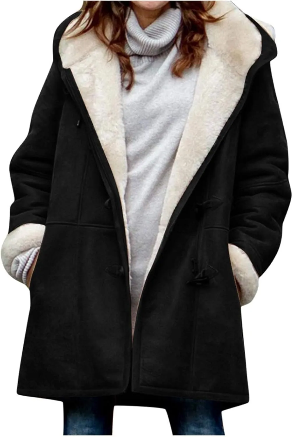 sdbrld Winter Coats for Women Plus Size Warm Fleece Lined Jackets Button Sherpa Fur Hooded Parka Peacoat Casual Outerwear