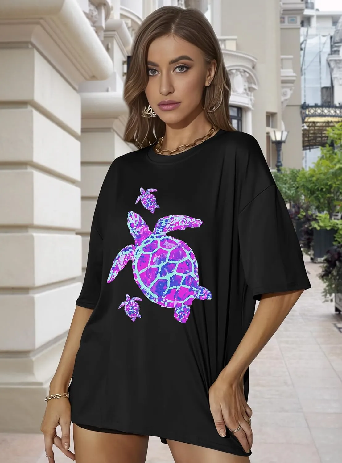 Sea Turtle Shirts Women: Oversized Hawaiian Shirt Beach Graphic T-Shirt Turtle Graphic Tee Casual Vacation Tops
