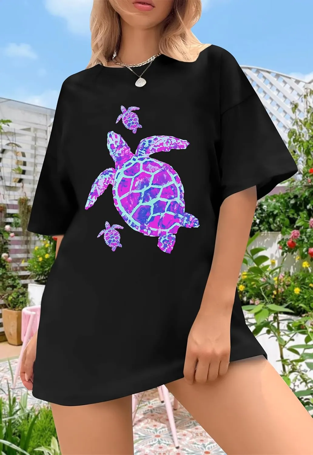 Sea Turtle Shirts Women: Oversized Hawaiian Shirt Beach Graphic T-Shirt Turtle Graphic Tee Casual Vacation Tops