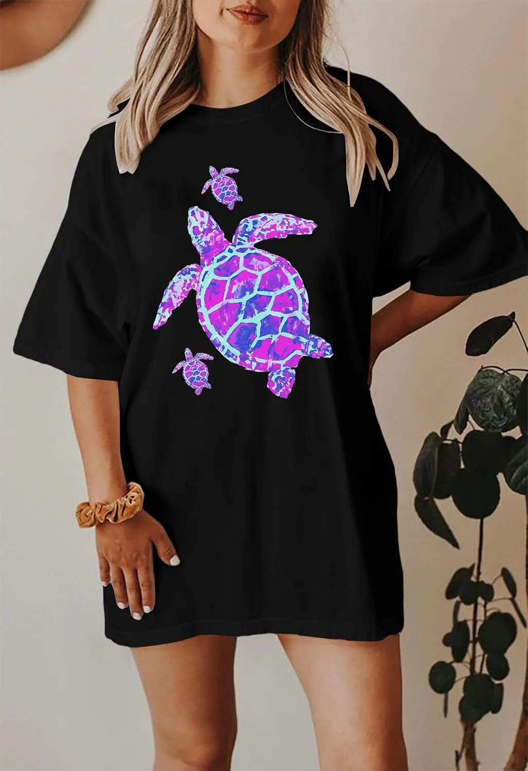 Sea Turtle Shirts Women: Oversized Hawaiian Shirt Beach Graphic T-Shirt Turtle Graphic Tee Casual Vacation Tops