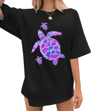 Sea Turtle Shirts Women: Oversized Hawaiian Shirt Beach Graphic T-Shirt Turtle Graphic Tee Casual Vacation Tops