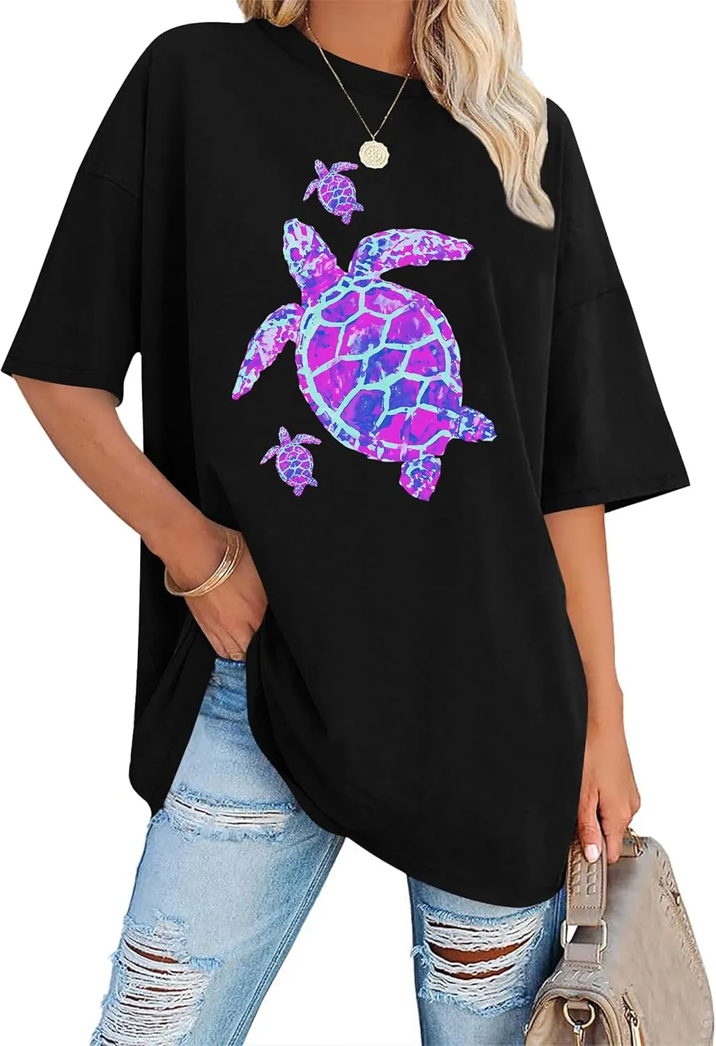 Sea Turtle Shirts Women: Oversized Hawaiian Shirt Beach Graphic T-Shirt Turtle Graphic Tee Casual Vacation Tops