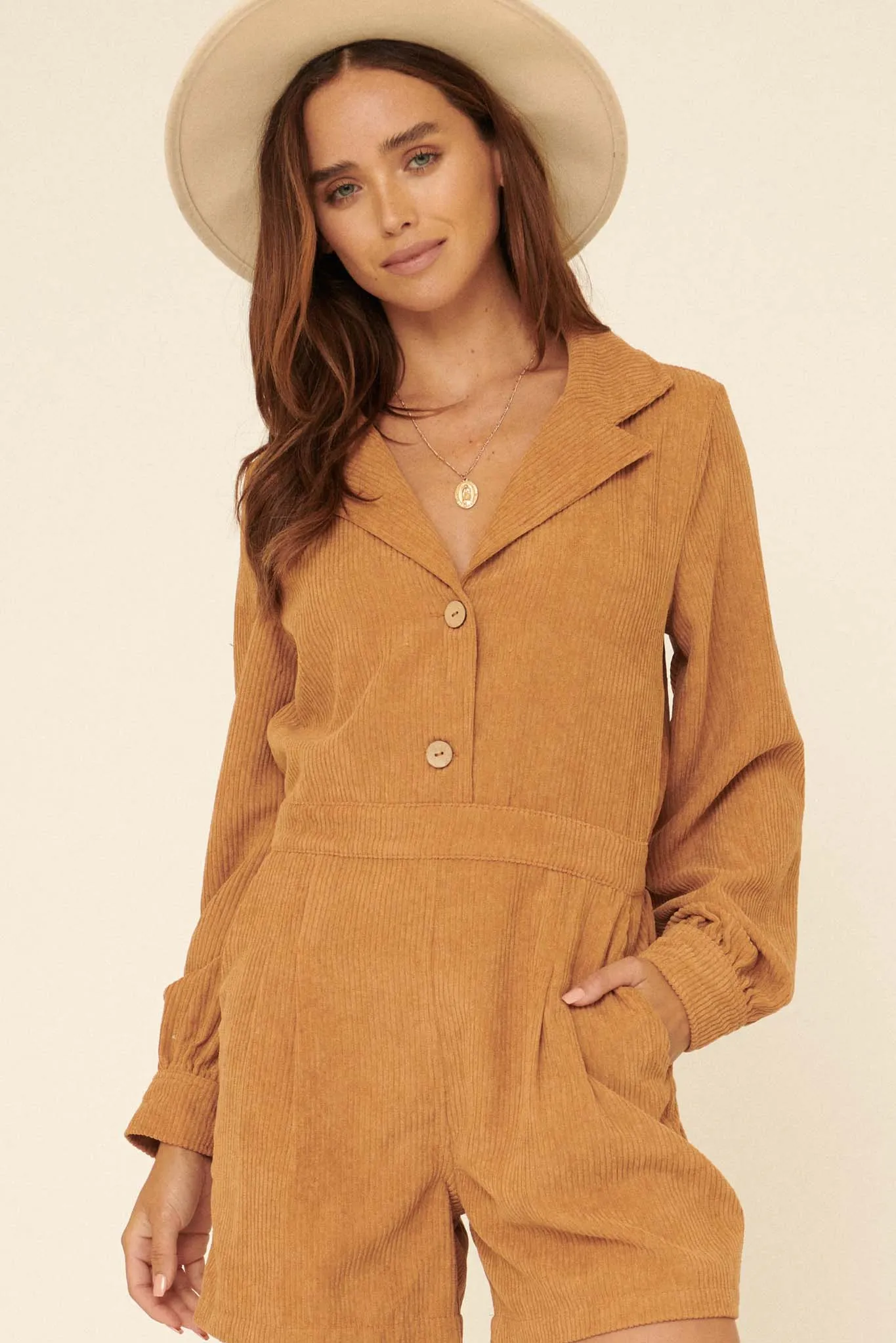 Seize the Day Lapel-Collar Corduroy Romper