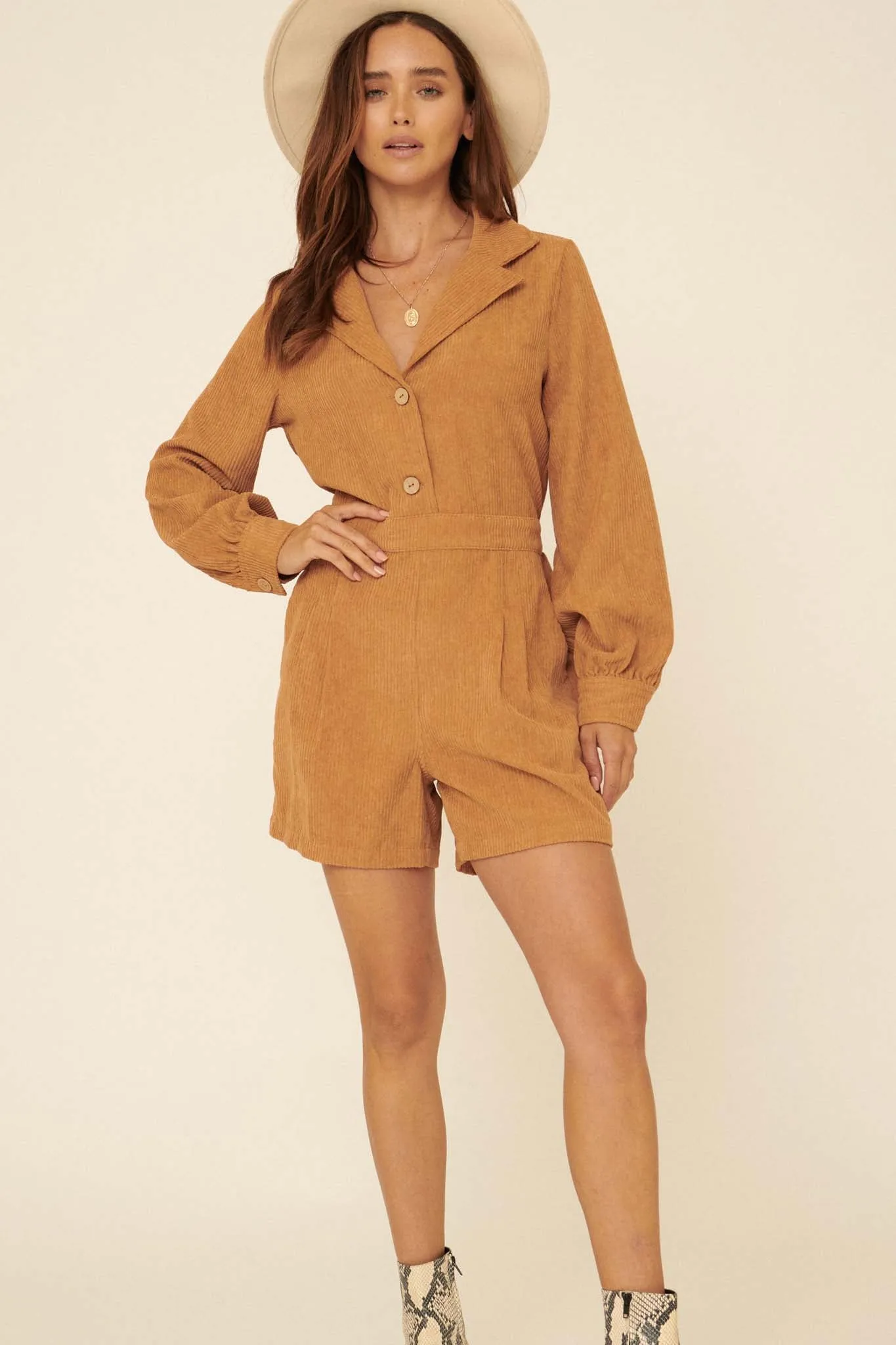 Seize the Day Lapel-Collar Corduroy Romper