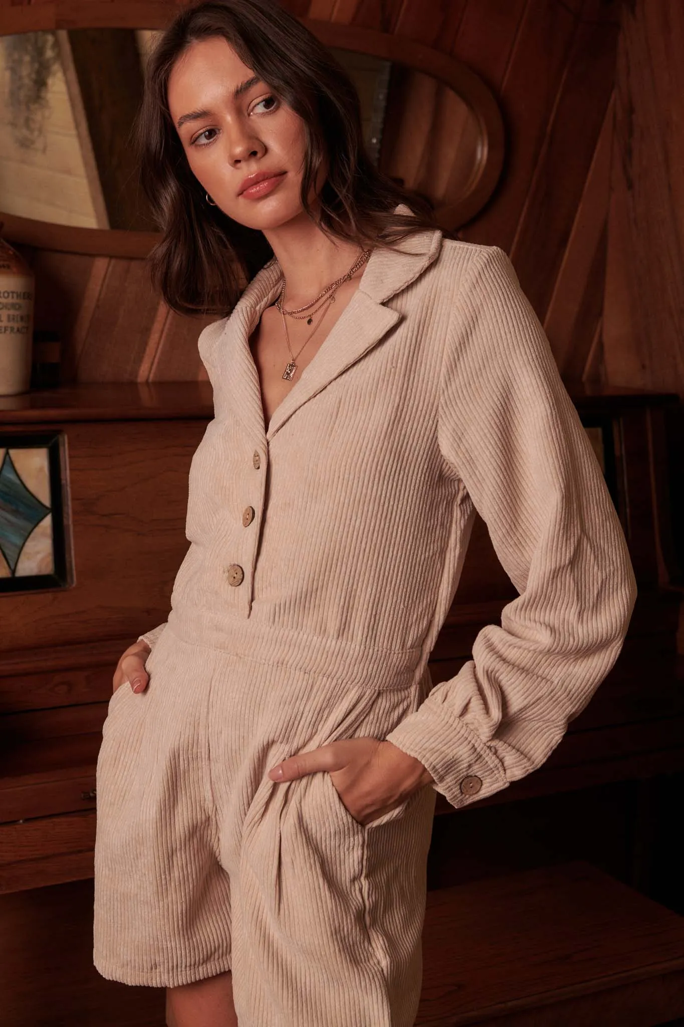 Seize the Day Lapel-Collar Corduroy Romper