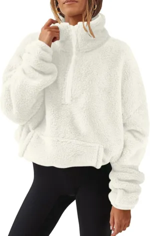 Sherpa Jacket Women Quarter Zip Cropped Fleece Fuzzy Fashion Faux Shearling Shaggy Short Coats Y2K Casual Outerwear