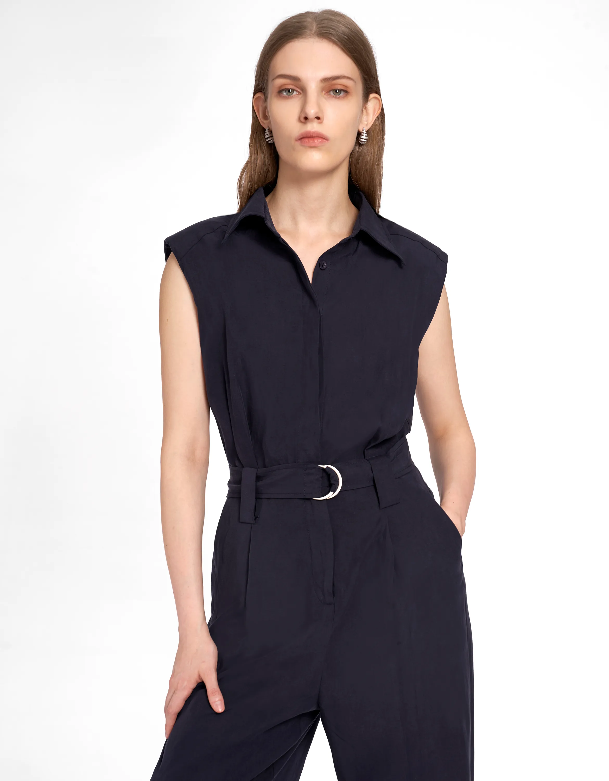 Shirt Collar Belted Jumpsuit