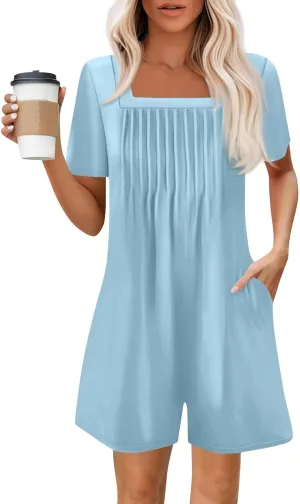 Short Sleeve Summer Dressy Rompers For Women, Shorts Square Neck Ruffle Curved Jumpsuit Pleated Going Out Overalls