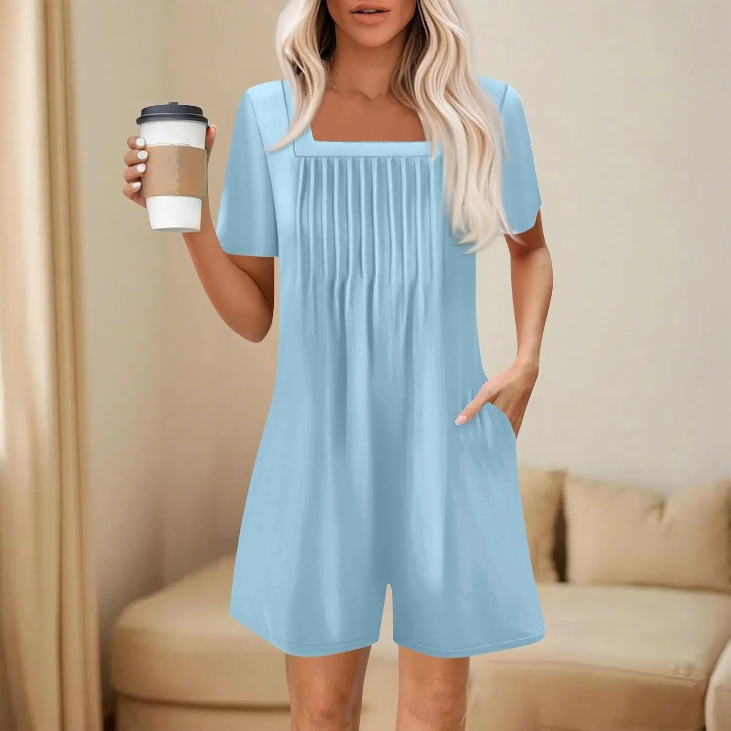 Short Sleeve Summer Dressy Rompers For Women, Shorts Square Neck Ruffle Curved Jumpsuit Pleated Going Out Overalls