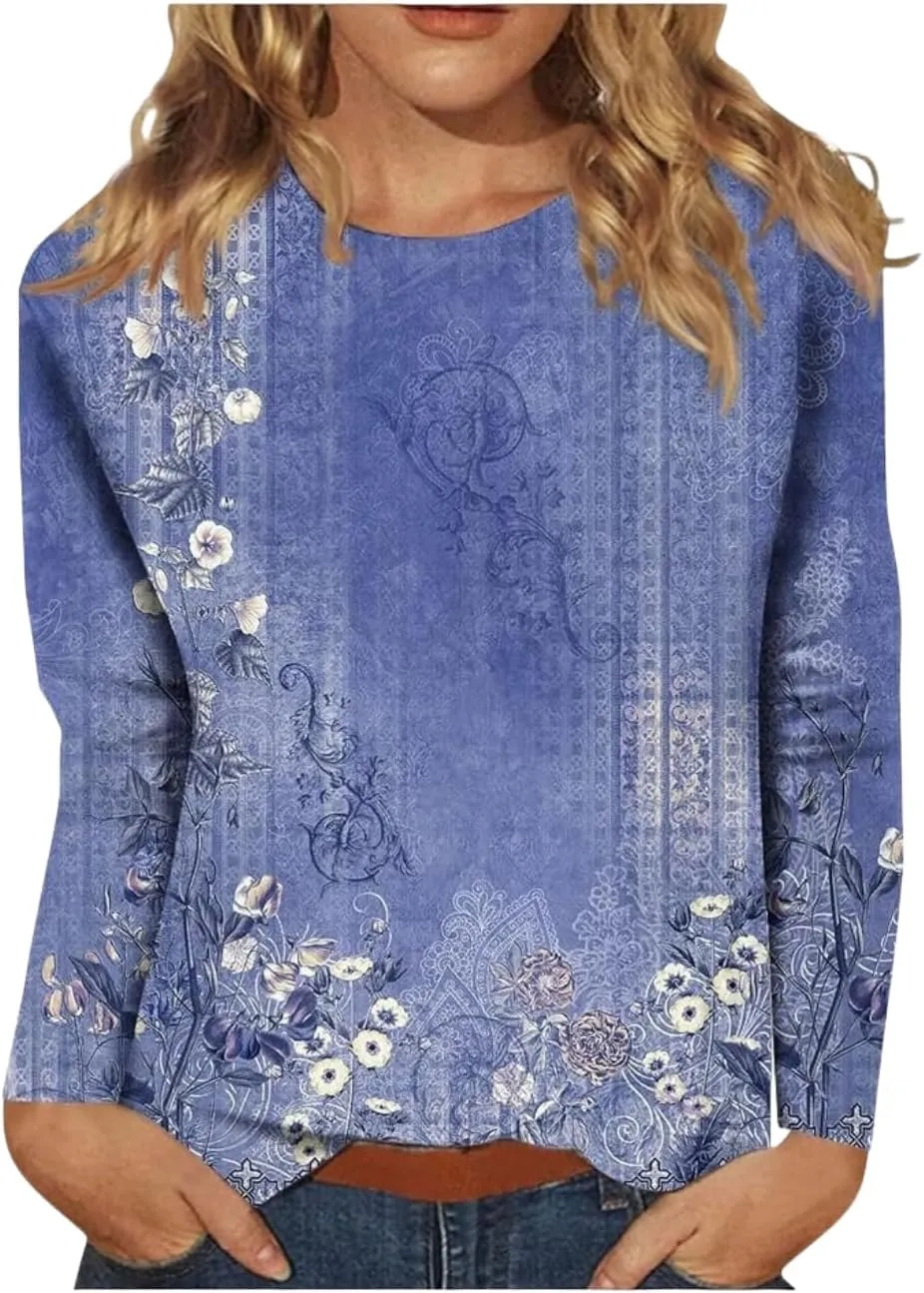 Spring Shirts for Women 2025 Long Sleeve Floral Crewneck Going Out Pullover Tops Business Workout Shirts