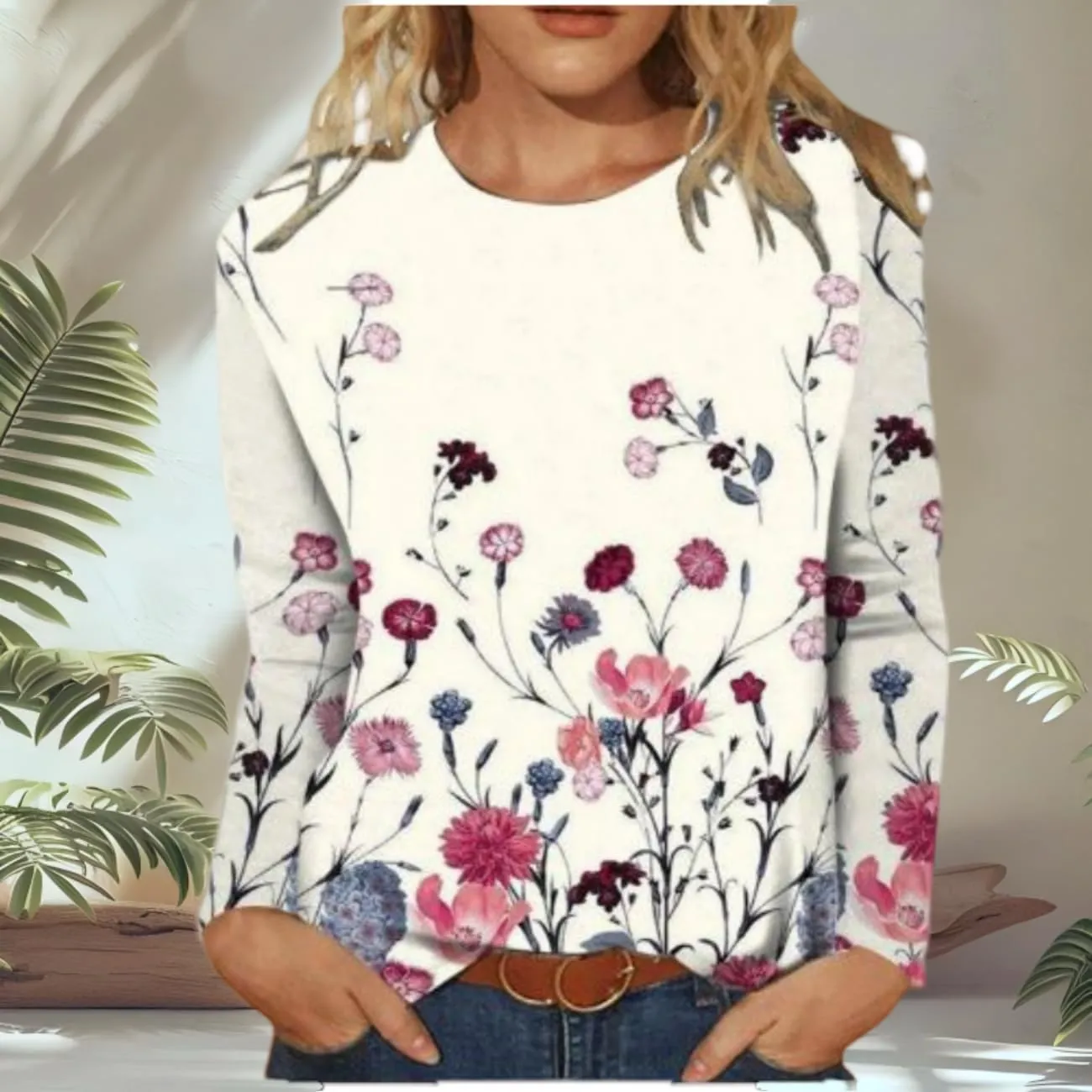 Spring Shirts for Women 2025 Long Sleeve Floral Crewneck Going Out Pullover Tops Business Workout Shirts