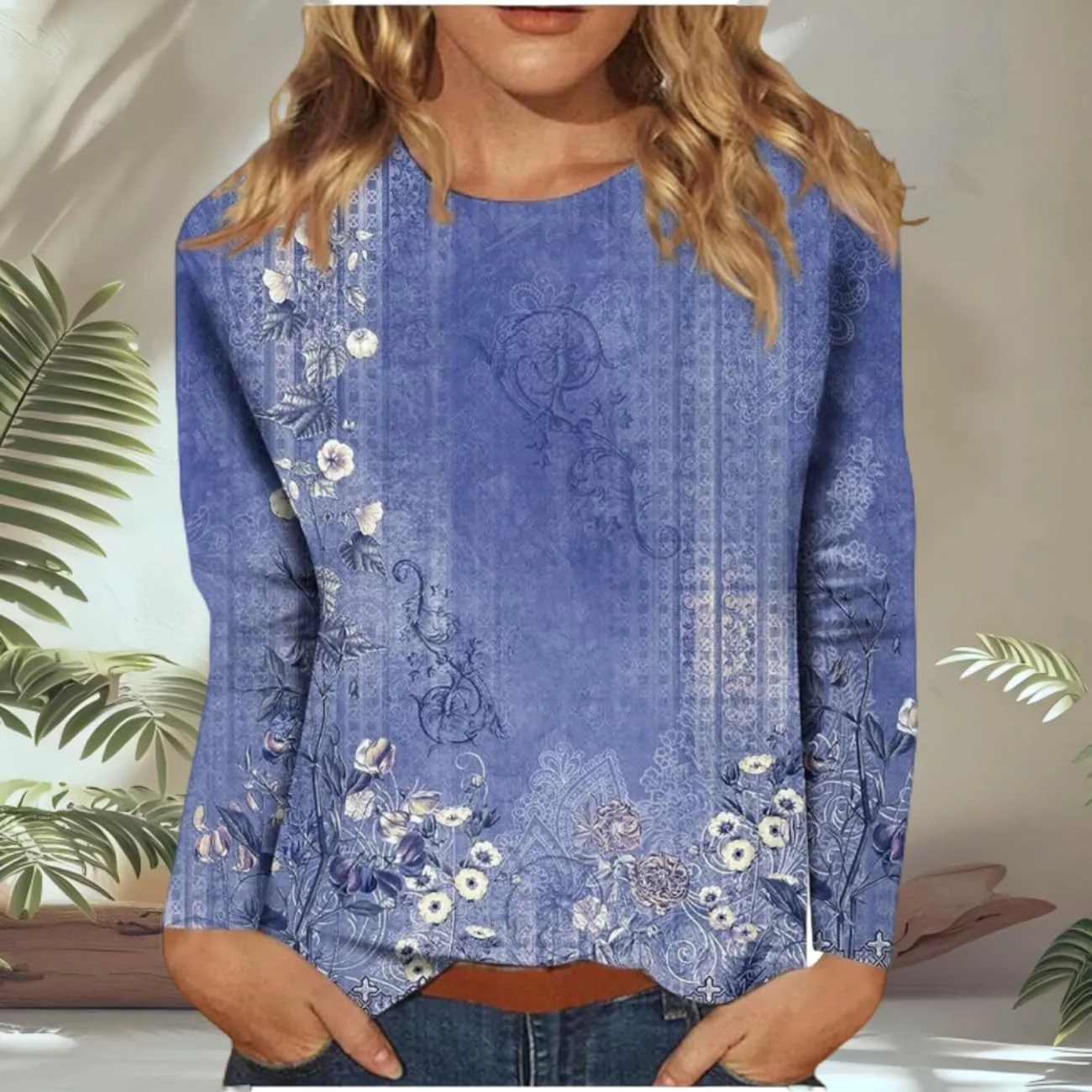 Spring Shirts for Women 2025 Long Sleeve Floral Crewneck Going Out Pullover Tops Business Workout Shirts