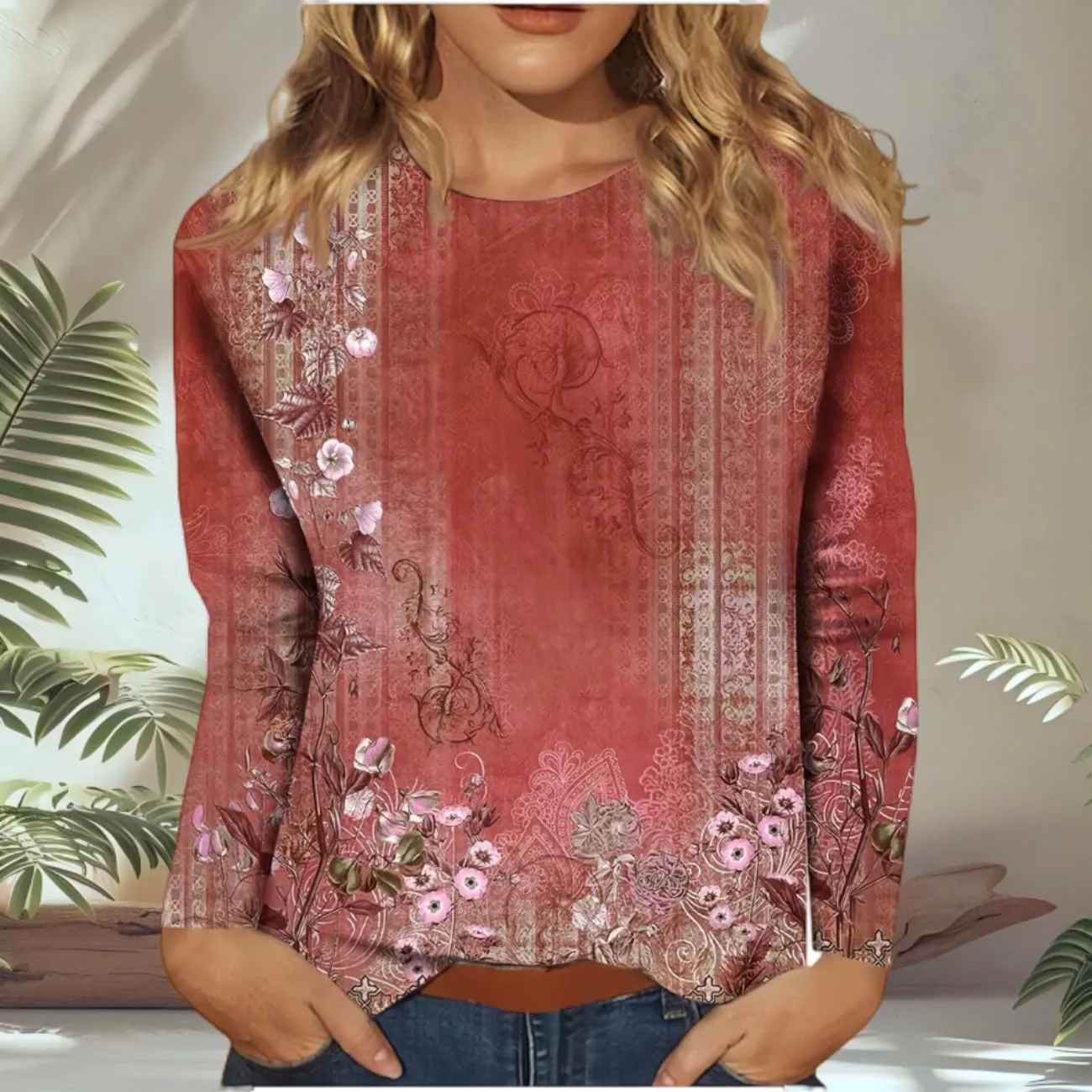 Spring Shirts for Women 2025 Long Sleeve Floral Crewneck Going Out Pullover Tops Business Workout Shirts