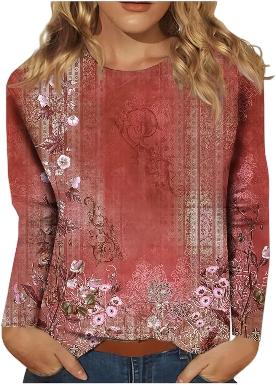 Spring Shirts for Women 2025 Long Sleeve Floral Crewneck Going Out Pullover Tops Business Workout Shirts