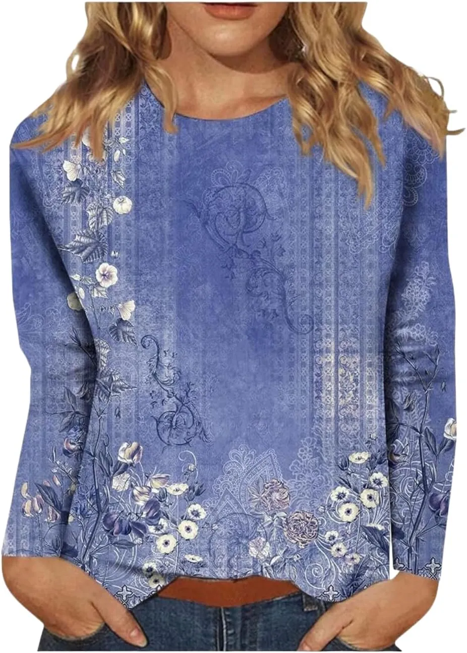 Spring Shirts for Women 2025 Long Sleeve Floral Crewneck Going Out Pullover Tops Business Workout Shirts