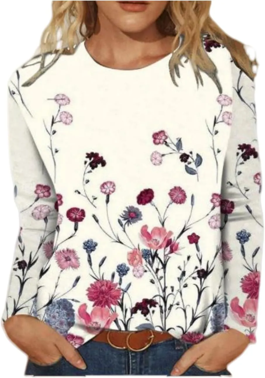 Spring Shirts for Women 2025 Long Sleeve Floral Crewneck Going Out Pullover Tops Business Workout Shirts