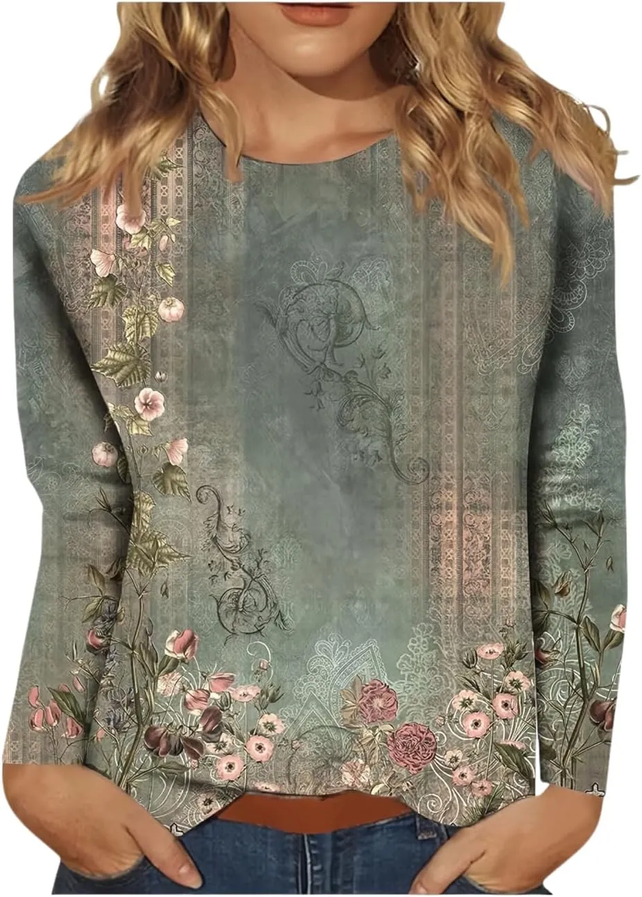Spring Shirts for Women 2025 Long Sleeve Floral Crewneck Going Out Pullover Tops Business Workout Shirts