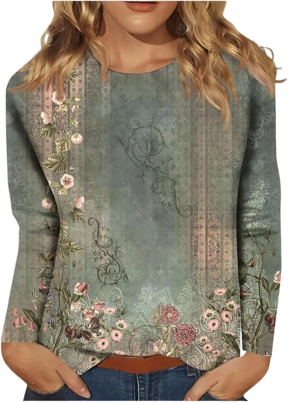 Spring Shirts for Women 2025 Long Sleeve Floral Crewneck Going Out Pullover Tops Business Workout Shirts