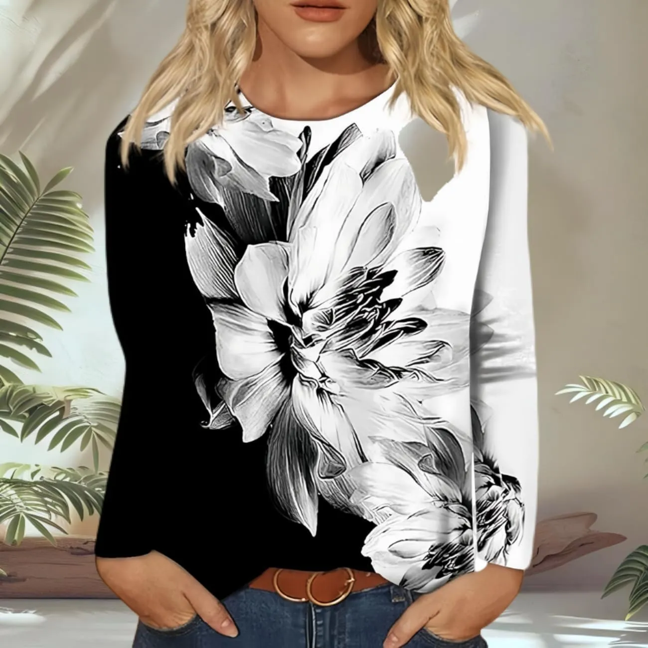 Spring Shirts for Women 2025 Long Sleeve Floral Crewneck Going Out Pullover Tops Business Workout Shirts