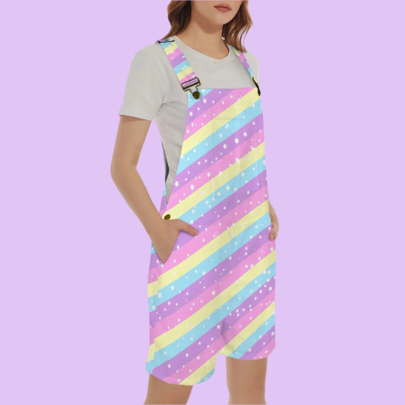 Starry Party Rainbow Unisex Shorts Overalls With Adjustable Straps And Pockets