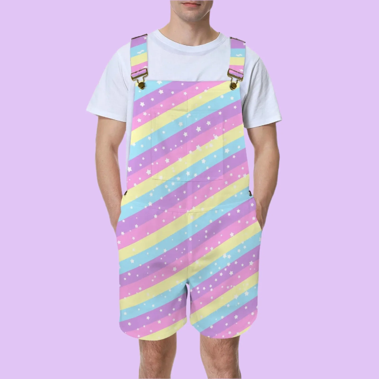 Starry Party Rainbow Unisex Shorts Overalls With Adjustable Straps And Pockets