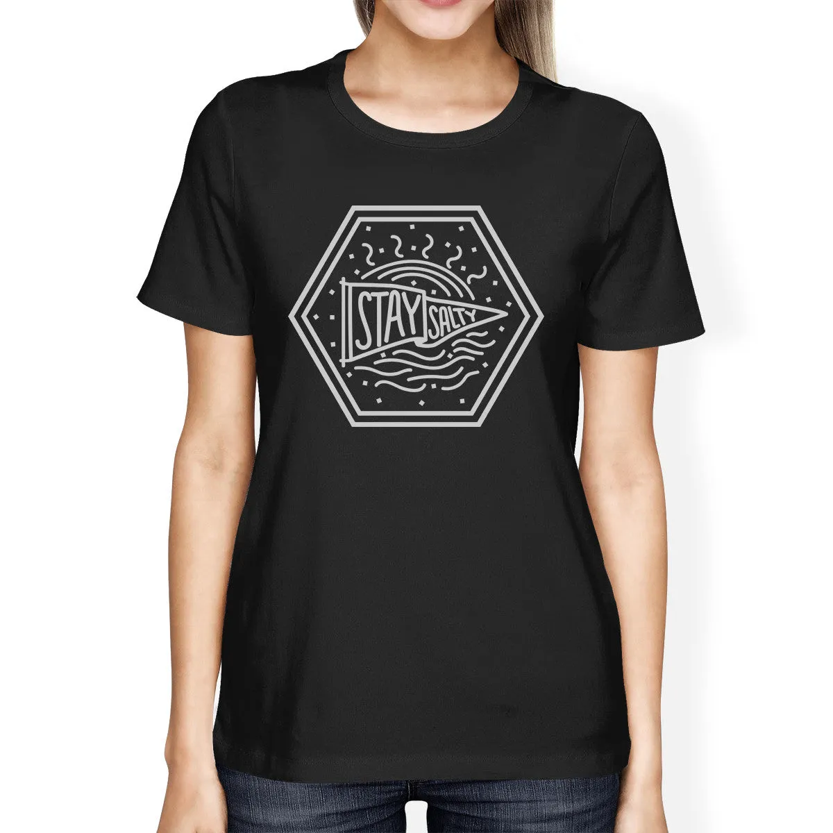 Stay Salty Womens Black Short Sleeve Tee Round Neck Graphic T-Shirt