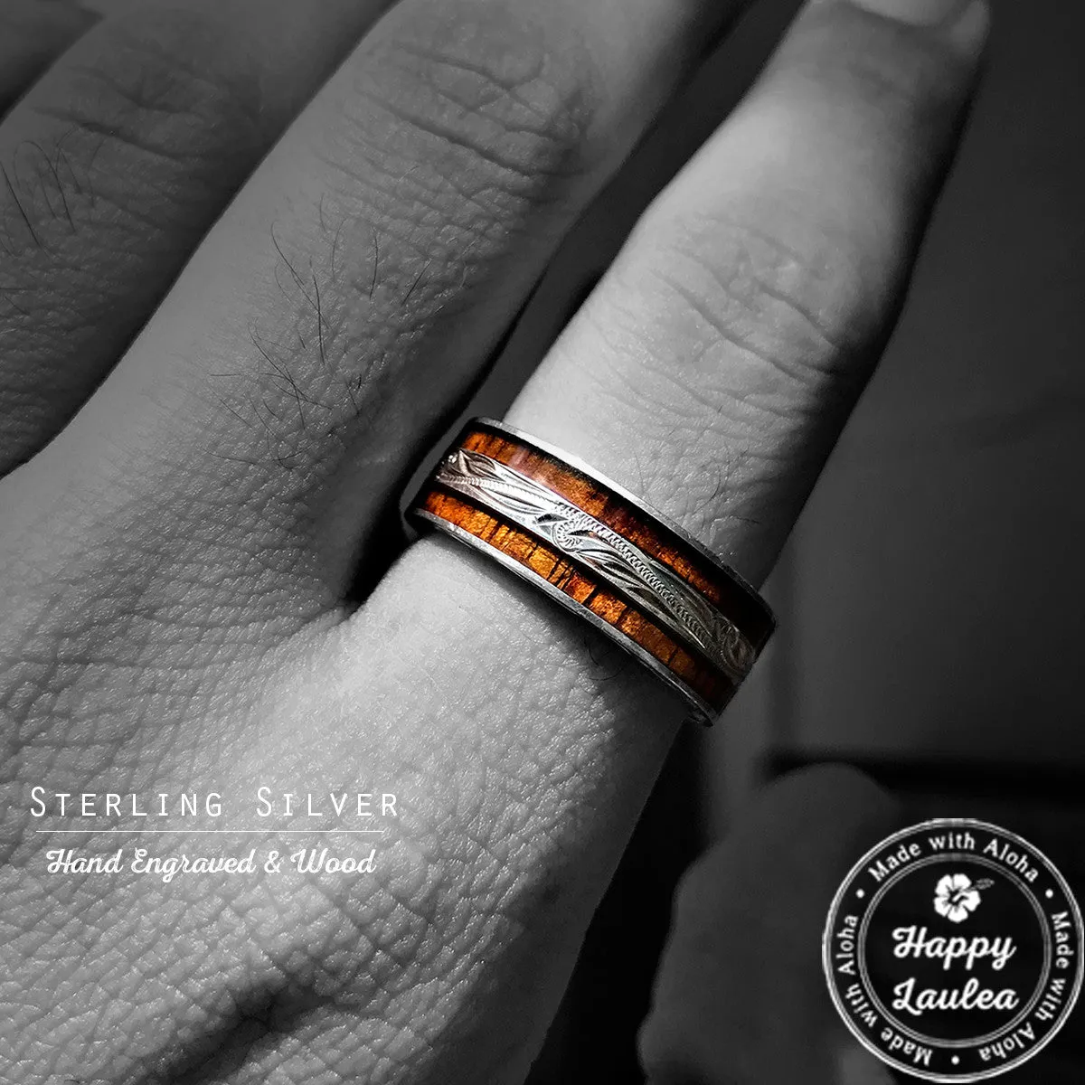 Sterling Silver Hand Engraved Hawaiian Jewelry Ring with Duo Hawaiian Koa Wood Inlay - 8mm, Flat Shape, Standard Fitment