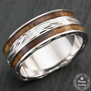 Sterling Silver Hand Engraved Hawaiian Jewelry Ring with Duo Hawaiian Koa Wood Inlay - 8mm, Flat Shape, Standard Fitment