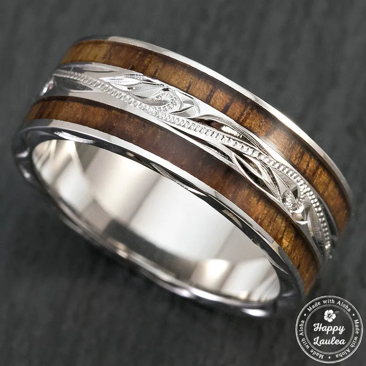 Sterling Silver Hand Engraved Hawaiian Jewelry Ring with Duo Hawaiian Koa Wood Inlay - 8mm, Flat Shape, Standard Fitment