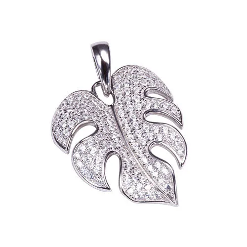 Sterling Silver Pave Cubic Zirconia Monstera Pendant(Chain Sold Separately)