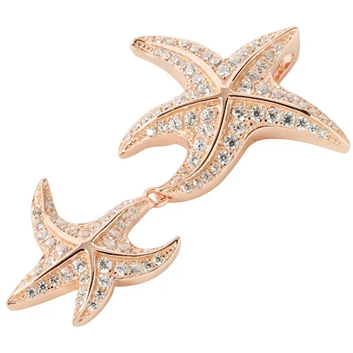 Sterling Silver Pink Gold Plated Double Starfish Pave CZ Pendant (Chain Sold Separately)