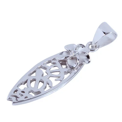 Sterling Silver Rhodium Honu Surfboard w/plumeria Pendant (Chain Sold Separately)