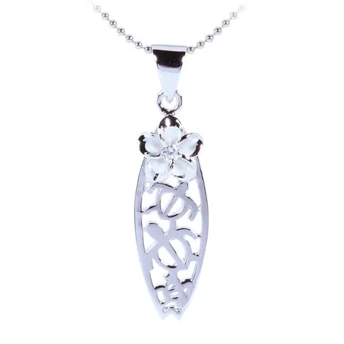 Sterling Silver Rhodium Honu Surfboard w/plumeria Pendant (Chain Sold Separately)