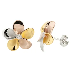 Sterling Silver Tri-Color Plumeria Stud Earring 15mm
