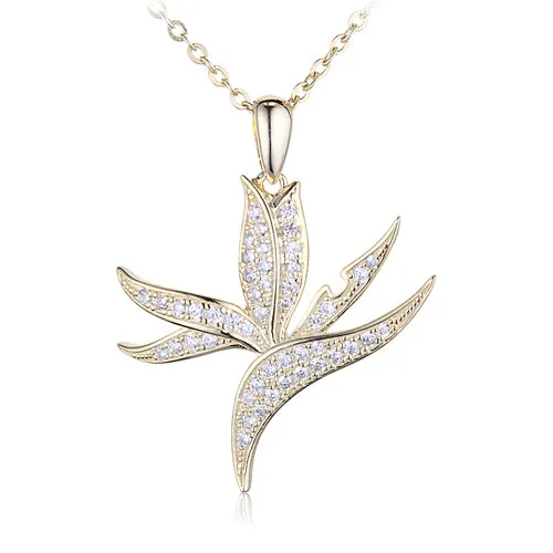 Sterling Silver Yellow Gold Plated Pave Cubic Zirconia Bird of Paradise Pendant(Chain Sold Separately)