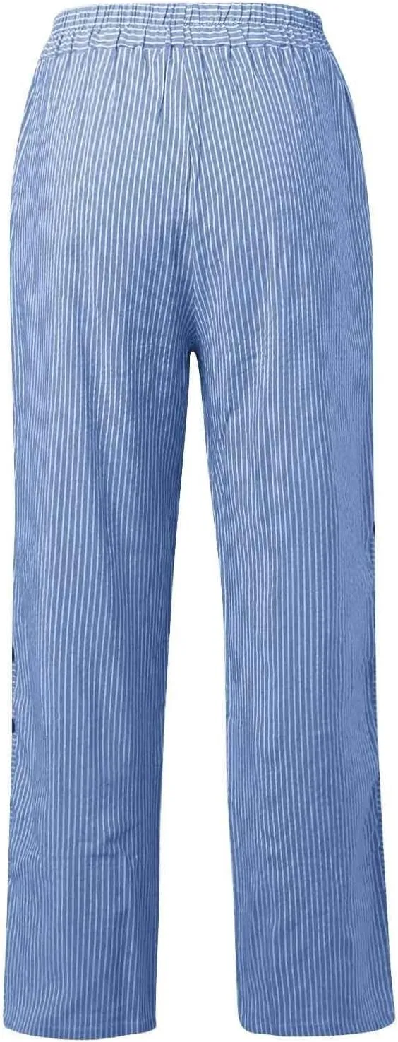 Striped Linen Pants Women Casual High Waisted Wide Leg Cropped Pants Summer Beach Gauze Capri Trousers with Pockets