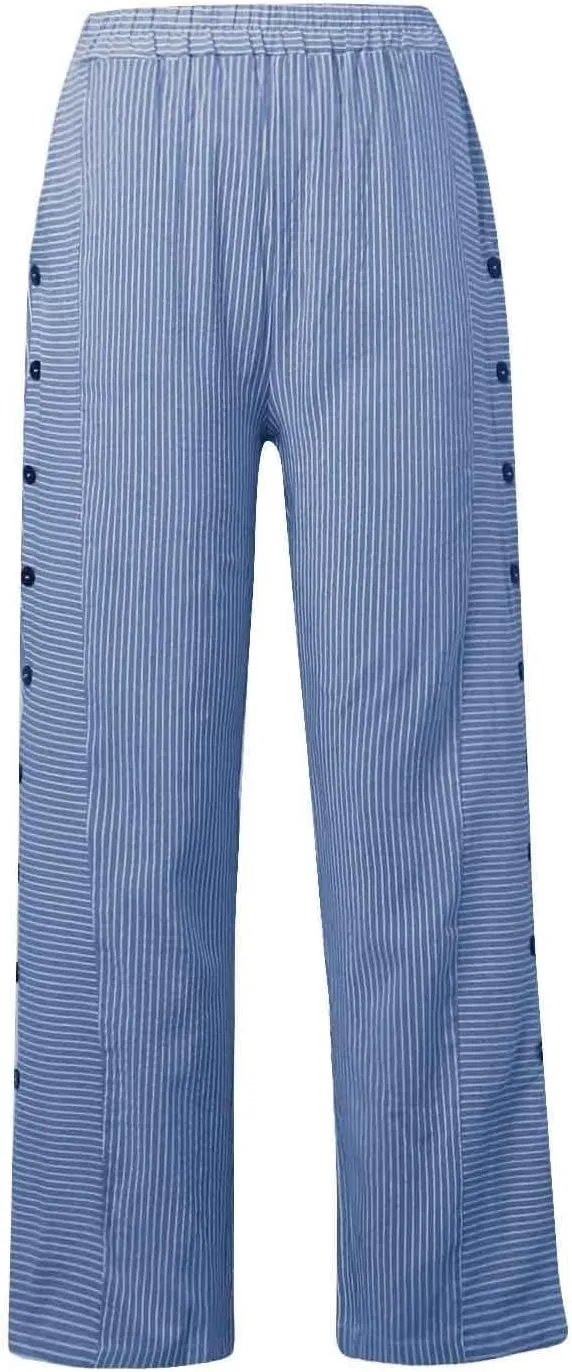 Striped Linen Pants Women Casual High Waisted Wide Leg Cropped Pants Summer Beach Gauze Capri Trousers with Pockets