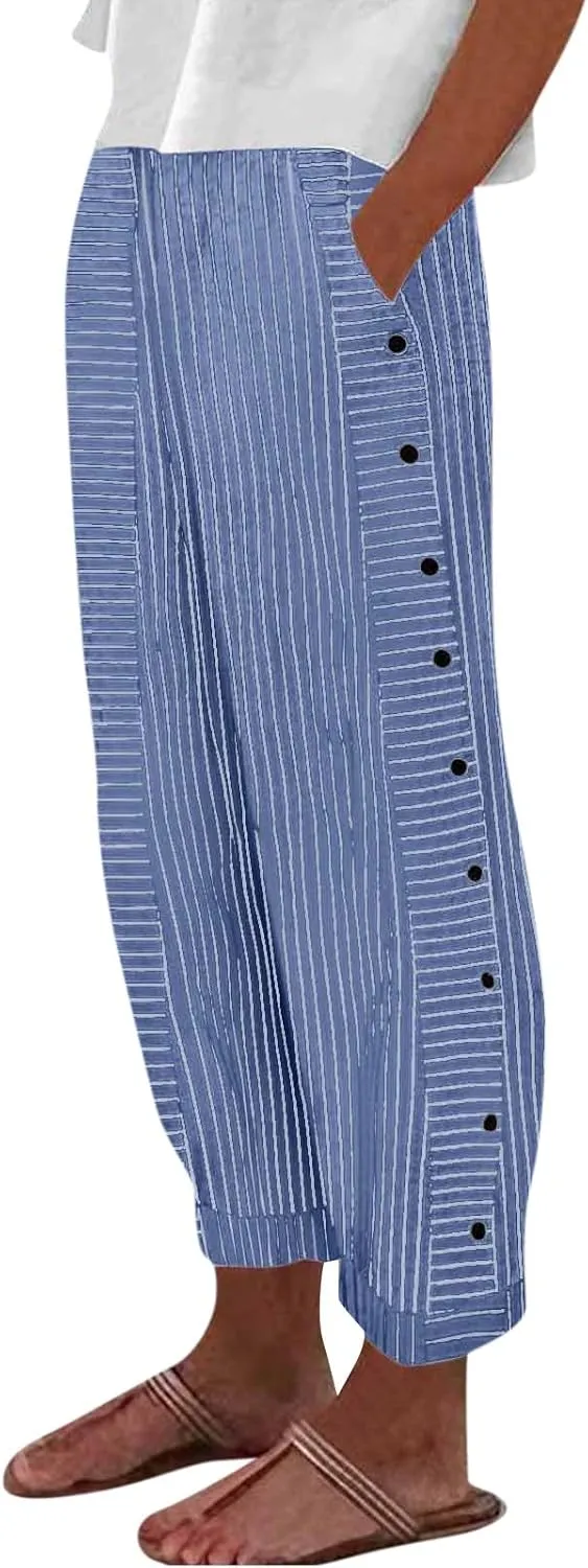 Striped Linen Pants Women Casual High Waisted Wide Leg Cropped Pants Summer Beach Gauze Capri Trousers with Pockets