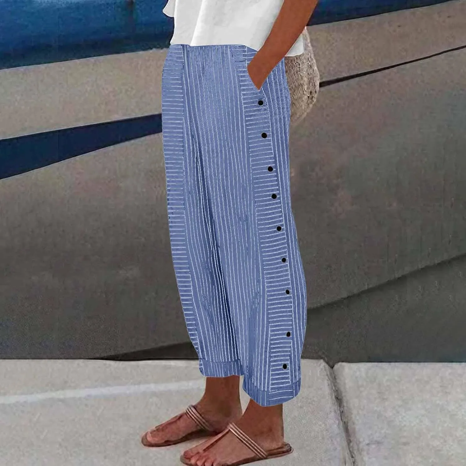 Striped Linen Pants Women Casual High Waisted Wide Leg Cropped Pants Summer Beach Gauze Capri Trousers with Pockets