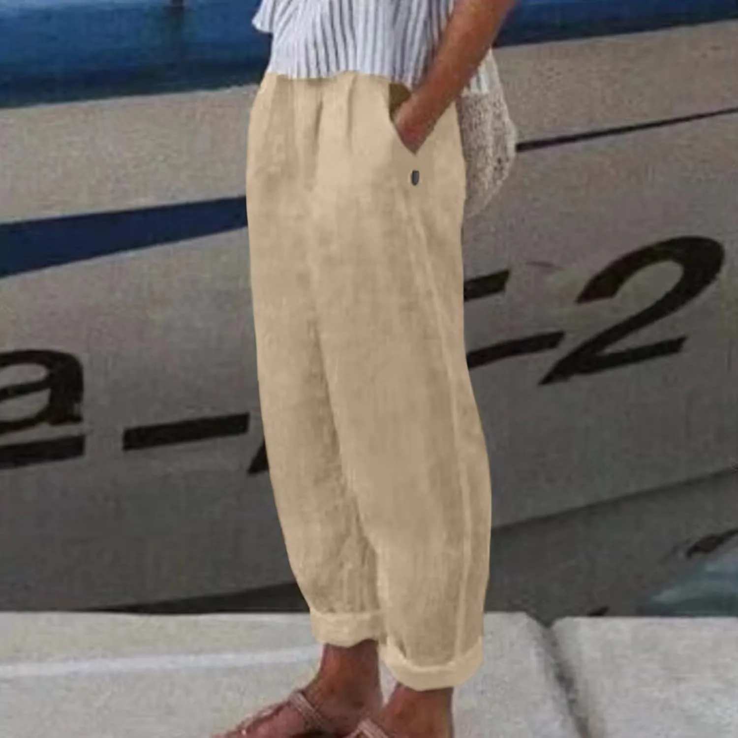 Striped Linen Pants Women Vintage Striped Print High Elastic Waist Wide Leg Capri Beach Palazzo Pants with Pockets