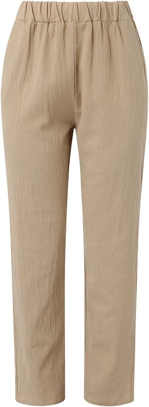 Striped Linen Pants Women Vintage Striped Print High Elastic Waist Wide Leg Capri Beach Palazzo Pants with Pockets