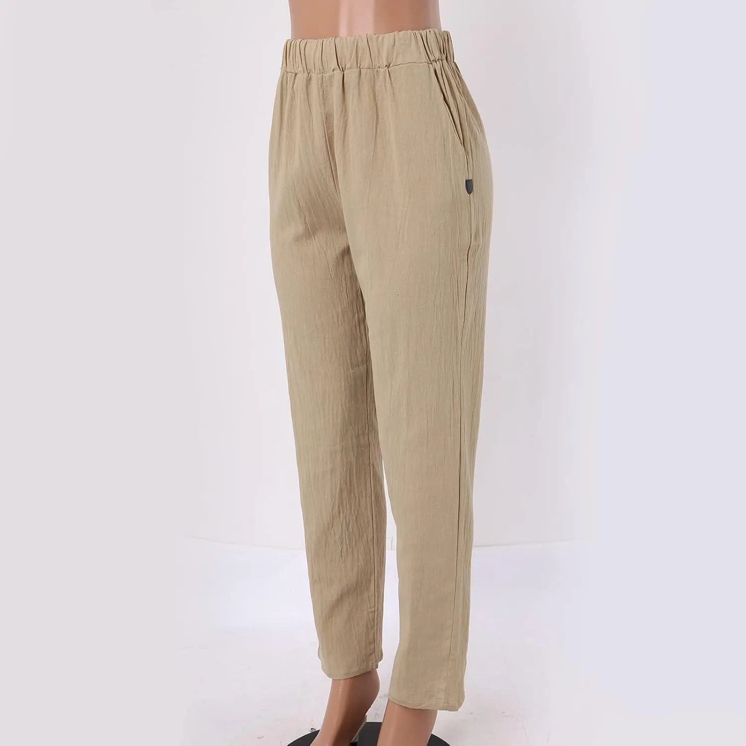 Striped Linen Pants Women Vintage Striped Print High Elastic Waist Wide Leg Capri Beach Palazzo Pants with Pockets