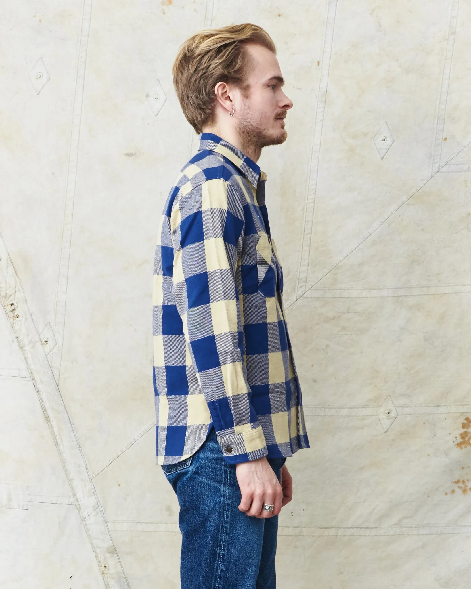 Sugar Cane & Co Twill Check Work Shirt Beige/Navy SC29147
