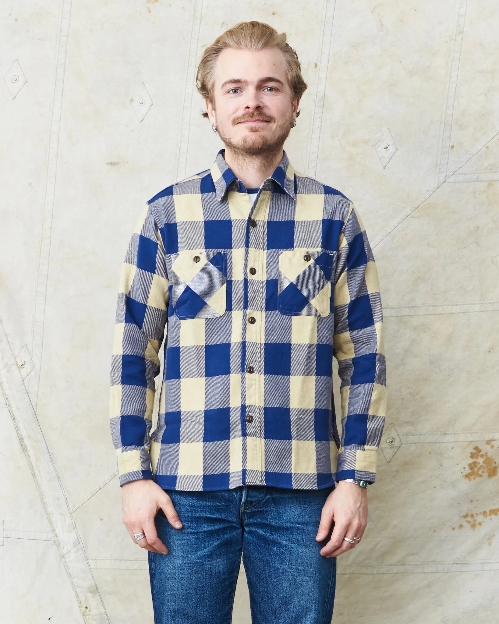 Sugar Cane & Co Twill Check Work Shirt Beige/Navy SC29147