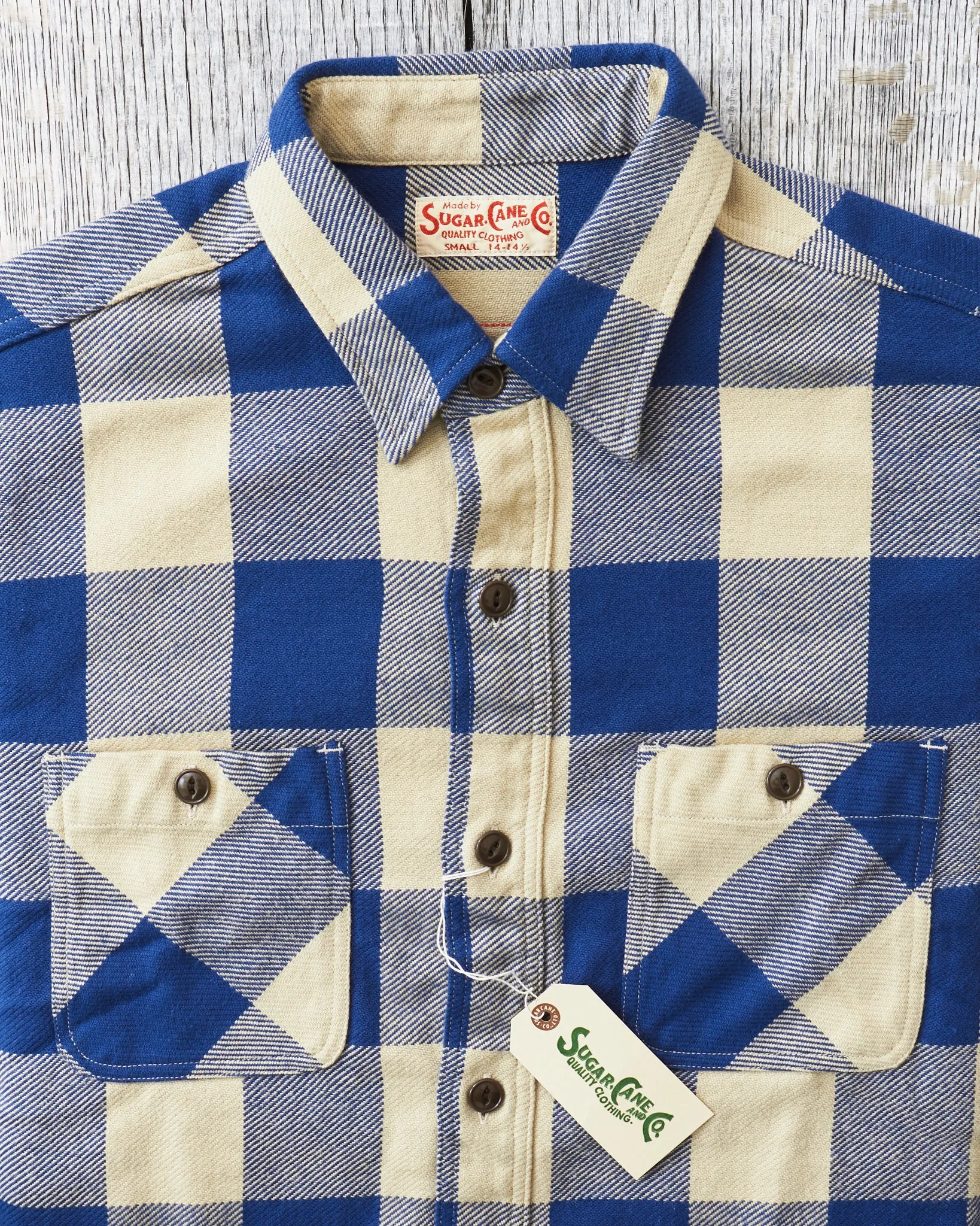 Sugar Cane & Co Twill Check Work Shirt Beige/Navy SC29147