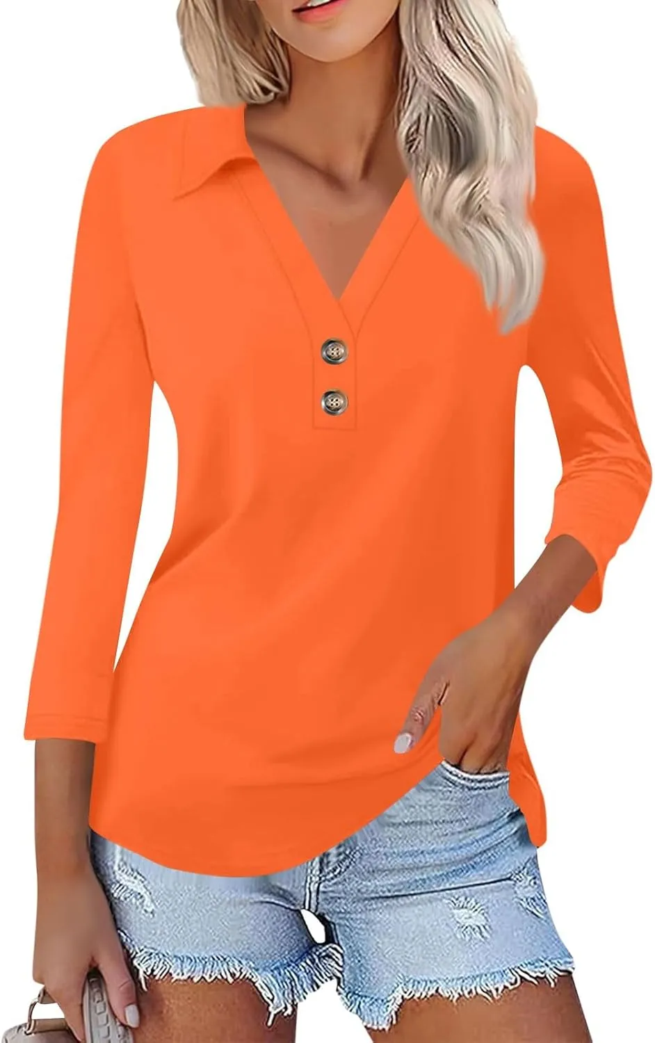 Summer 3/4 Length Sleeve Womens Tops,V Neck T Shirts Basic Polo Shirts Collared Casual Workout Tops for Women 2024