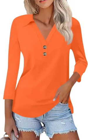 Summer 3/4 Length Sleeve Womens Tops,V Neck T Shirts Basic Polo Shirts Collared Casual Workout Tops for Women 2024