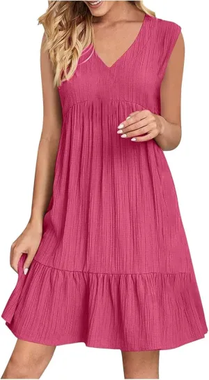 Summer Dresses for Women Sleeveless V Neck Fashion Casual Flowy Boho Casual Shift Dress A Line Knee
