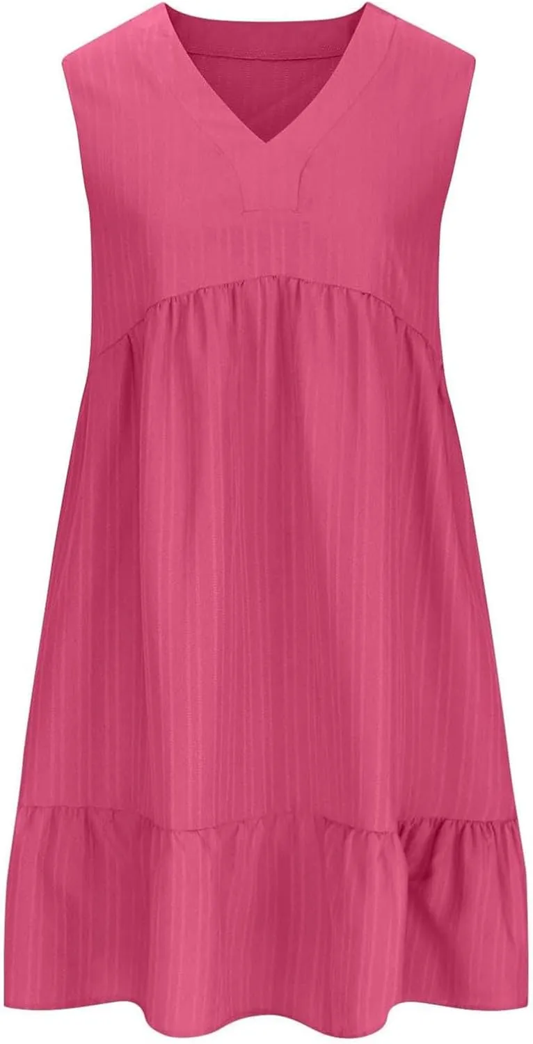 Summer Dresses for Women Sleeveless V Neck Fashion Casual Flowy Boho Casual Shift Dress A Line Knee